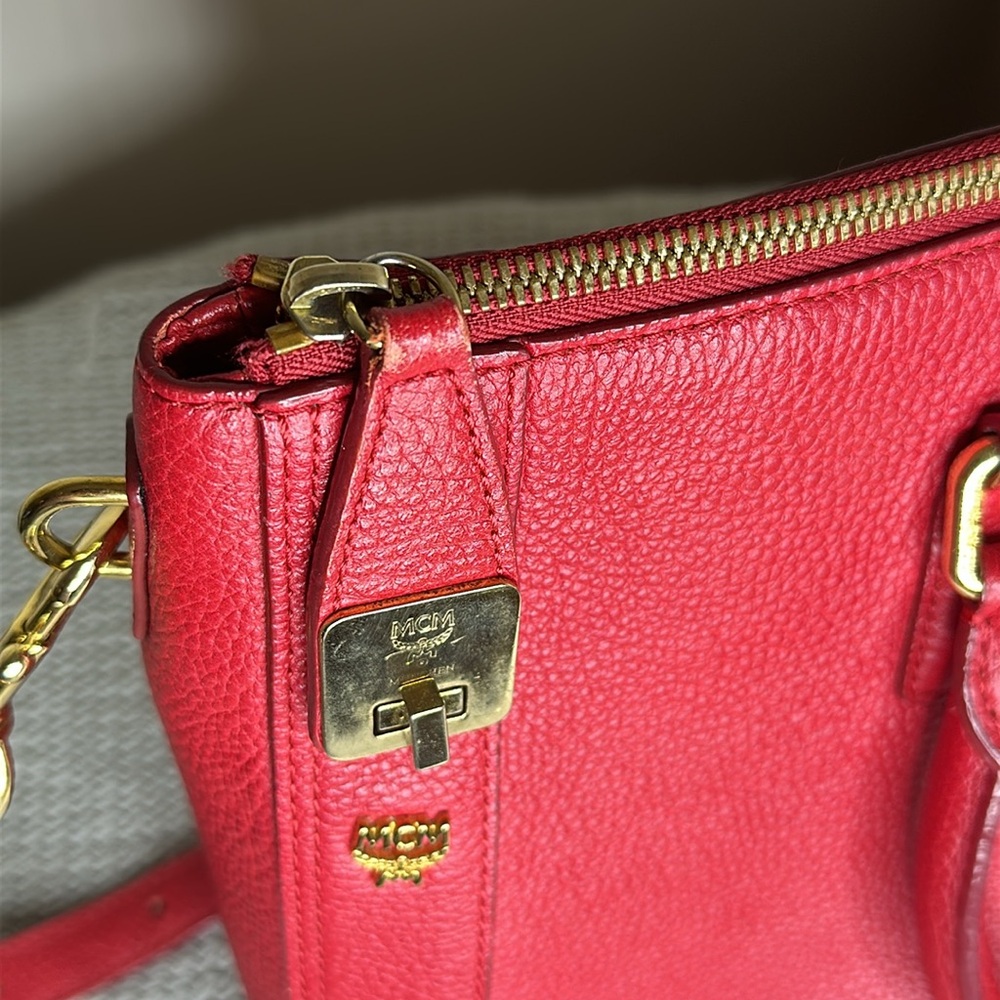 MCM Large Red Leather Studded Crossbody Tote Bag - Picture 9 of 15
